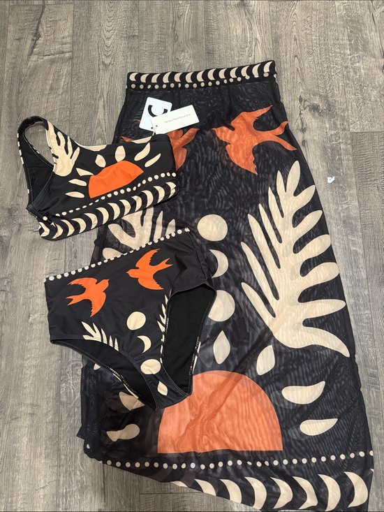 Commense Other - Commense Bird Print Assymetric neck bikini set + mesh cover up maxi skirt
